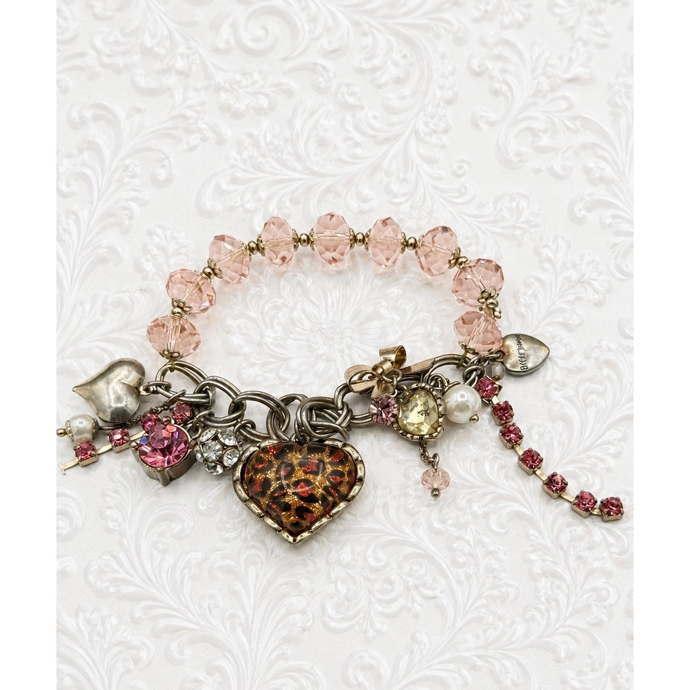 Vintage Betsey Johnson Leopard Heart Charm Bracelet Pink Crystal Locket Rare